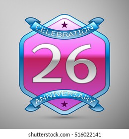 Twenty six years anniversary celebration silver logo with blue ribbon and purple hexagonal ornament on grey background.