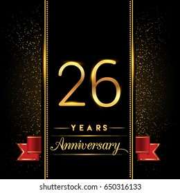 twenty six years anniversary celebration logotype. 26th anniversary logo with confetti golden colored and red ribbon isolated on black background, vector design for greeting card and invitation card
