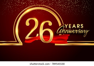 twenty six years birthday celebration logotype. 26th anniversary logo with confetti and golden ring, red ribbon isolated on red background, vector design for greeting card and invitation card.