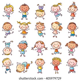 Twenty Sketchy Happy Kids Jumping With Joy, No Gradients, Isolated