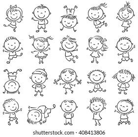 Twenty sketchy happy kids jumping with joy, black and white outline