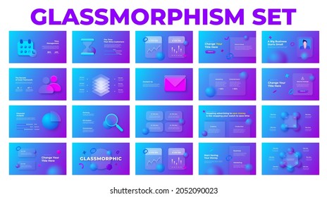 Twenty slides and glassmorphism style  Infographic illustrations set  Template for business presentation  Frosted glass effect 