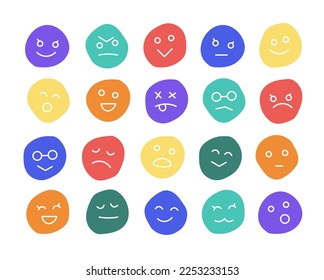 Twenty Smiley Expression Icons - Simple Angry, Sad, Glasses Faces. New Trendy Colours for 2023