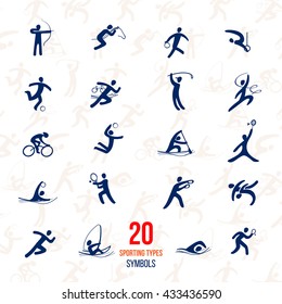 Twenty Sports icons set. Symbol sport concept recreation.Vector illustration isolate on white. Sport recreation icons.
