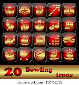 The twenty square icons on bowling on a black background. Vector illustration