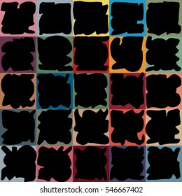 Twenty strongly defined black blobs in 5x5 grid on checkered, colorful base