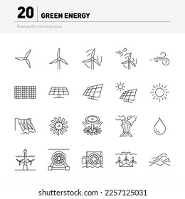 Twenty thin line icons. Green power energy from wind, solar, water and tide.