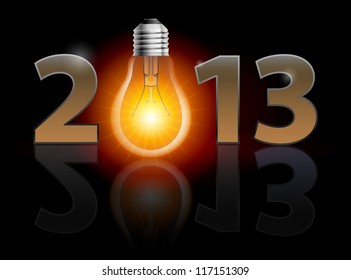 Twenty Thirteen Year. Light bulb. Illustration on black background