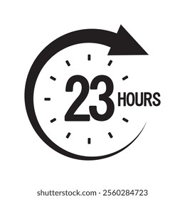 Twenty three hours. Black circular arrow. Timer countdown icon. Vector clock design.