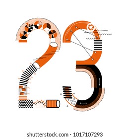 Twenty three number composed from infogragic elements and diagrams, good for modern 23 february greeting card.