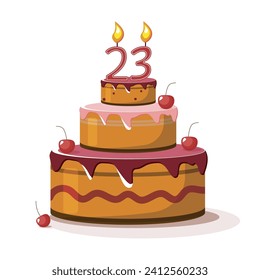 23 Jahre Jubiläum. Vektorgebäck. Feiertagskuchen mit Kerze.  Großer Schokoladenkuchen. 23 Jahre alt. Dreiundzwanzig. Großer leckerer Kuchen.