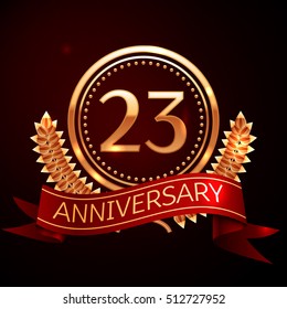 Twenty three years anniversary celebration with golden ring and ribbon.