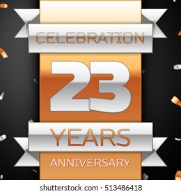 Twenty three years anniversary celebration golden and silver background. Anniversary ribbon