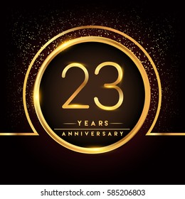 twenty three years birthday celebration logotype. 23rd anniversary logo with confetti and golden ring isolated on black background, vector design for greeting card and invitation card.