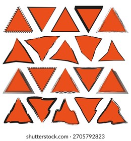 Twenty triangle shapes. Orange grunge frames. Abstract warning Vector element. Black border texture.