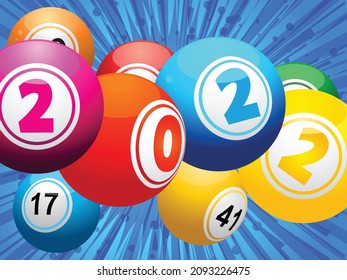 Twenty Twenty Two Bingo Lottery Balls Over Blue Star Burst Background With More Bingo Balls With Random Numbers