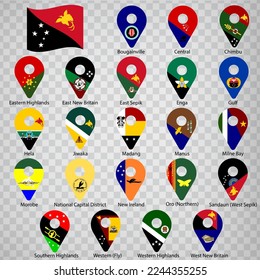 Twenty two flags the Provinces of Papua New Guinea - alphabetical order with name.  Set of 2d geolocation signs like flags Papua New Guinea. Twenty two 2d geolocation signs for your design. EPS10