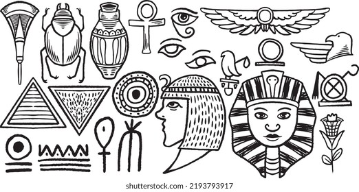 Twenty two hand drawn set of egyptian tribal drawing isolated on white background.