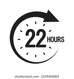 Twenty two hours icon. Bold 22 text. Circular clock symbol. Countdown timer graphic.