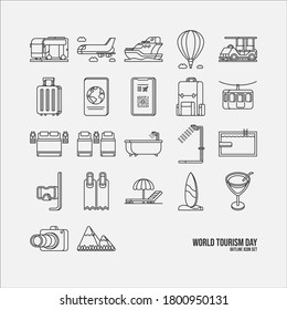 Twenty two icons in outline style. Suitable for World Tourism Day, Vacation, Holiday, or any other travel themes.