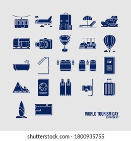 Twenty two icons in solid glyph style. Suitable for World Tourism Day, Vacation, Holiday, or any other travel themes.