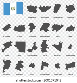 Twenty two Maps  of Guatemala - alphabetical order with name. Every single map of Departments  are listed and isolated with wordings and titles. Republic of Guatemala. EPS 10.