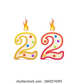 Twenty two years anniversary, 22 number shaped birthday candle with fire on white