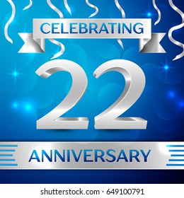 Twenty two Years Anniversary Celebration Design. Confetti and silver ribbon on blue background. Colorful Vector template elements for your birthday party. Anniversary ribbon