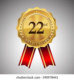 twenty two years anniversary logotype, with golden badge and red ribbon, vector elements for birthday celebration