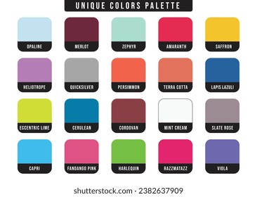 Twenty unique colors set with color name, diverse color palette collection