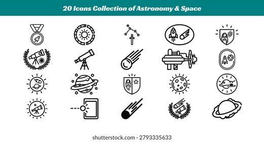 Twenty unique icons representing various elements and themes in astronomy and space exploration.