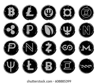 Twenty vector black and white icons with images of various symbols of digital crypto currency, such as bitcoin.