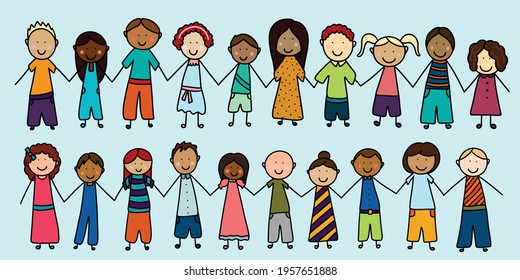 Twenty Vector Children Holding Hands in a Line From All Over the World