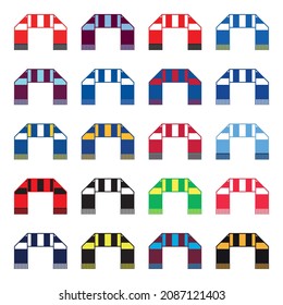 Twenty Vector Colorful Striped Fan Soccer Scarves. Shawl Icons For Teams Of The Top English Football League Competition. Sport Illustration.