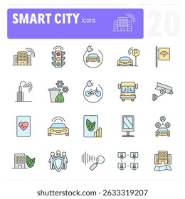 Twenty vector icons representing the concept of smart city, with a focus on technology and sustainability