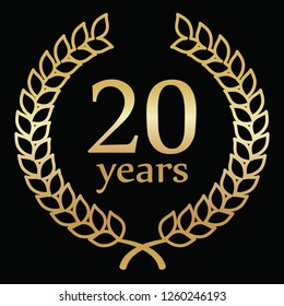 twenty years anniversary, laurel wreath, golden on black background 