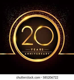 twenty years birthday celebration logotype. 20th anniversary logo with confetti and golden ring isolated on black background, vector design for greeting card and invitation card.