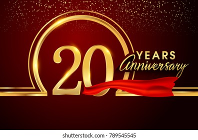 twenty years birthday celebration logotype. 20th anniversary logo with confetti and golden ring, red ribbon isolated on red background, vector design for greeting card and invitation card.