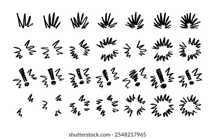 Twenty-eight hand-drawn comic-style doodles and squiggles to grab attention. Flashes and exclamation points. Vector set