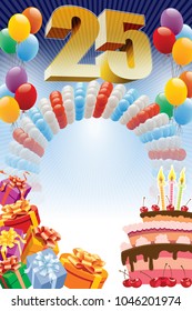 Twenty-fifth anniversary. Background with design elements and the birthday cake. The poster or invitation for twenty-fifth birthday or anniversary.