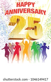 Twenty-fifth anniversary. Colorful crowd of dancing people celebrating twenty-fifth anniversary