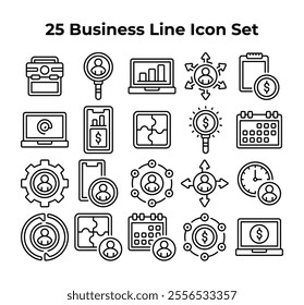 Twentyfive black business line icons are neatly arranged.