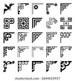Twentyfive black corner design elements on white background geometric floral and bird motifs included various styles