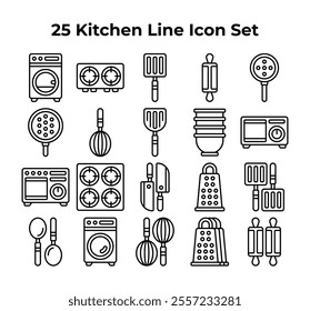 Twentyfive black kitchen utensil line art icons are neatly arranged.