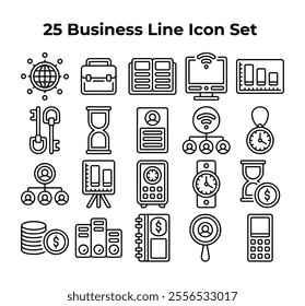 Twentyfive black line business icons are presented in a grid.
