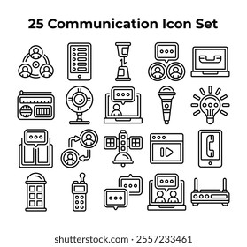 Twentyfive black line communication icons form a set.