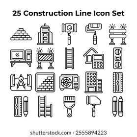 Twentyfive black line drawings depict construction tools and buildings.