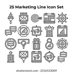 Twentyfive black line marketing icons form a grid.