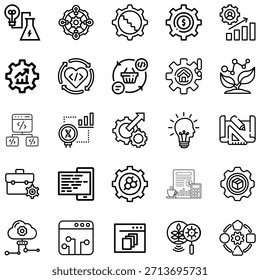 Twentyfive black line representing various technology and business concepts gears