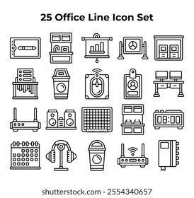 Twentyfive blackline office supply icons are neatly arranged.